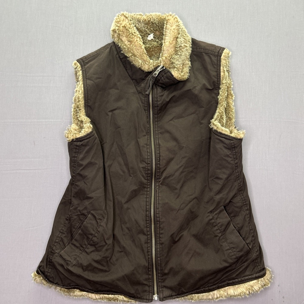 GAP Reversible Faux Fur Lined Vest Womens Large Brown Zip Y2K